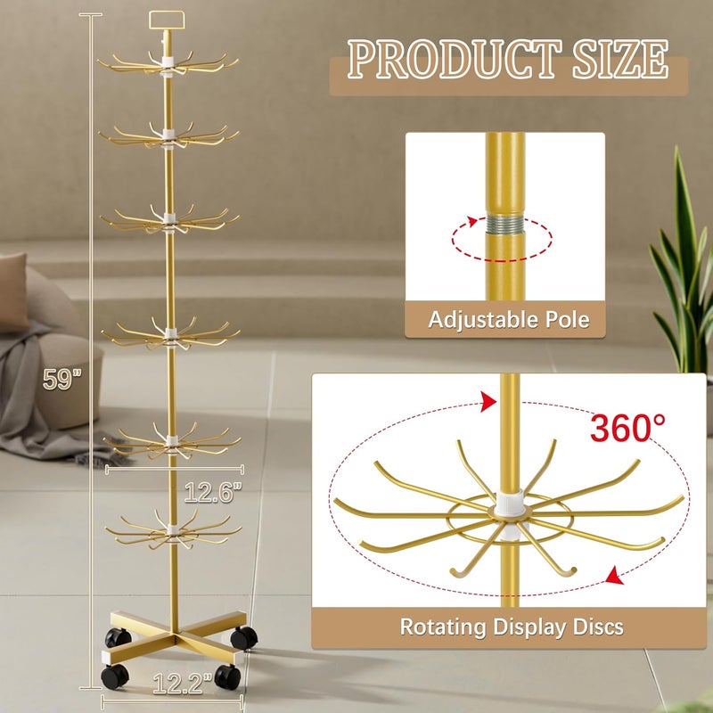 Exttlliy Retail Display Stand Store Display Rack 6 Tier Metal Spinning Display Stand Rack with Wheels Keychain Jewelry Stocking Hat Stand with Hooks for Malls, Showroom, Retail Store (6 Tier Gold) - Image 3